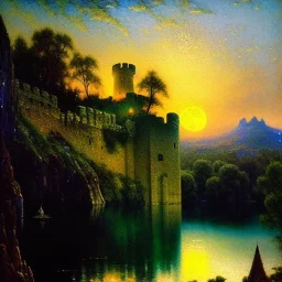 Drawing of 'Medieval Romanian Castle',bats,mountain,lake,full moon, by gaston bussiere, greg rutkowski, yoji shinkawa, yoshitaka amano, tsutomu nihei, donato giancola, tim hildebrandt, oil on canvas, cinematic composition, extreme detail,fit full head inside picture,16k