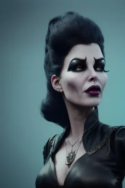 Lene Nystrøm as evil queen in black leather, busty, cleavage, voluptuous, Aqua Lene, angry, stern look. character design by cory loftis, fenghua zhong, ryohei hase, ismail inceoglu and ruan jia. unreal engine 5, artistic lighting, highly detailed, photorealistic, fantasy