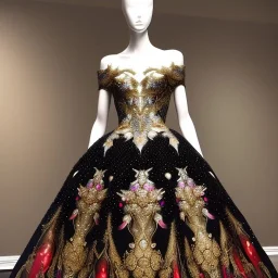 stunning extrem opulent haute couture gown designed by Marchesa inspired by fairies, realistic epic elegant fantasy color mix of black and gold and dark red,decorated with precious stones, detailed, high quality, intricate, fantasyland background,