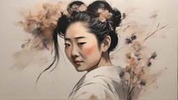 acrylic and line painting of a portrait a beautiful japanese lady mid-turn, bebd back,, slightly smiling, hair in bun, background adorned with dried flowers, dim lit.,chans