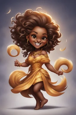 A fearless curvy dark-skinned airbrushed chibi swishes her lion tail excitedly, wearing a dress decorated with the Leo astrology symbol. With mane-like hair wild with curls, she smiles wide, showing off fangs. She stands arms and legs spread, steadfast as a lioness, demonstrating Leo courage and leadership.
