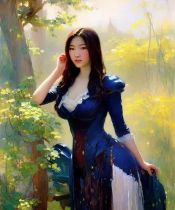 realist impressionist portrait of "The Curious Female" by Ross Tran rework. Masterpiece, best quality, painted impressionist brush strokes. paint drips and drabs and splatters by and by art nouveau and richard schmid . Paint spatters, drips, drabs, dynamic, artstation, artgerm