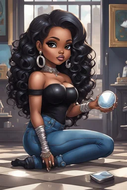 Create a futurism magna art of a black chibi curvy female sitting on the floor looking at herself in a hand mirror. She is wearing tight blue jeans and a black off the shoulder blouse. Prominent make up with lush lashes. Highly detailed long wavy hair. She is also wearing silver large hoop earringsart of a black chibi curvy female sitting on the floor looking at her cell phone. She is wearing tight blue jeans and a black off the shoulder blouse. Prominent make up with lush lashes.