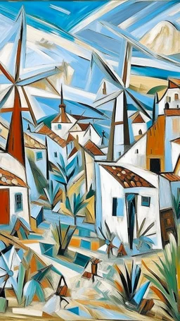 A white village with windmills painted by Pablo Picasso