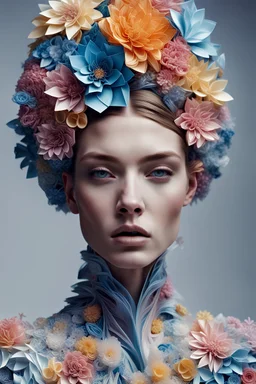 hyperrealistic scene YSL editorial photograph vogue of- mid-portrait of beautiful HD face model wears quantum deity intricate origami flowers detailed quilling paper translucent plastic wrap clothing, mixed media impressionism, fine arts and crafts, intricate embroidery, rococo spirtualism intricate details, highly detailed, cinematography, by pascal blanche rutkowski, artst