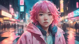 8k photo portrait of a stunning woman with pink hair in a pastel raincoat, looking at the camera, at a bustling crosswalk at night, wet reflections, Highly Detailed, studio ghibli, akira toriyama, james gilleard, genshin impact, trending pixiv fanbox, acrylic palette knife, 4k, vibrant colors