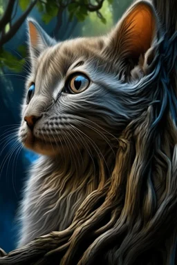 An illustration of grey kitten with bright blue eyes in a style of watercolor, profile view, golden hour, , realistic, high resolution, volumetric, chiaroscuro