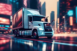 cinematic view, 8k, high resolution, stylized, monochromatic, vectorial, oil painting, art of a hino profia truck running in a futuristic road, lights, blurred background, neon, bokeh effect, surrealistic, forced perspective