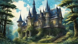 Beautiful vintage Victorian lovely castle in the forest in the lovely Illustration for beautiful fairy tale. Shows intricate lines and a detailed artistic style reminiscent of Yoshiyuki Sadamoto, Makoto Shinkai, and Yoji Shinkawa. With a victorian style The work should be done in watercolor and colored pencil, emphasizing the perfection and quality of the lines. A compelling, enticing image that captures the viewer's attention with its subtle, emotional details. Pictire made in pastel sofrt coll