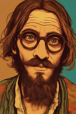 Hippie bohemian young ugly man with Parisian bohemian look and glasses of colours and poor and short short short and poor hair on the head with receding hairline. Farsightedness glasses with big eyes. Long beard. Vintage look and feel like photo styleof the 70s