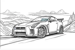 Nissan GT R35 in the middle of the highway around the hill. Outline, sketch style, only use outline, mandala style, clean line art, white background, no shadows, no clear wall, coloring page, vector style.