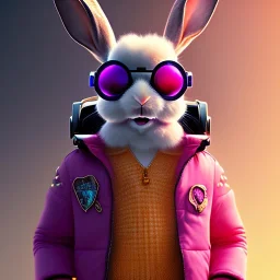 pixar style anamorphic cute rabbit baby, smiling, cyberpunk sunglass, gangsta gold neckless, full body, magenta puffer jacket, manila city backdrop, dramatic lighting, hyper realistic, unreal engine 5, 16k