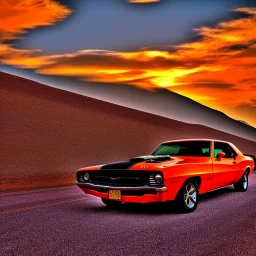 muscle car, desert road, sunset, full colour,