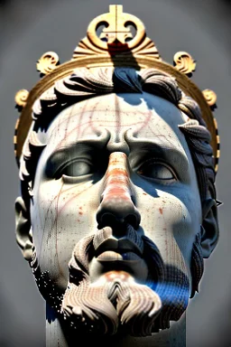 Ultra Realistic image, Roman sculpture, white marble material, Lionel Messi, gold Laurel leaves wreath, god crown, renaissance ornaments, one gold star in heart, sun ornament, sun rays background, chisel style, waist up portrait, emperor style, epic, celestial, cinematic lighting, God light, god rays, 4k resolution, smooth details, ornate details, soft lighting, unreal engine 5, art station, substance 3d.