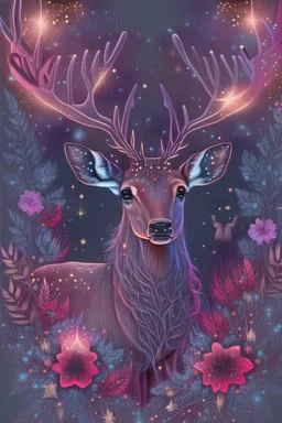 Deer, magic sparks around out her mind, beautiful colorfully flowers and star pattern on fur front facing dark smooth colors high contrast background darkred tones, symmetry, hyper detailed.