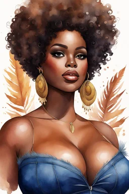 create a watercolor illustration of a plus size dark skinned black female wearing Tight blue jeans and a hazel brown off the shoulder blouse. Prominent make up with long lashes and hazel eyes. She is wearing brown feather earrings. Highly detailed full black tight curl afro