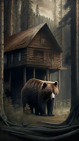 A cabin in the woods, a big brown bear, a movie scene, a more accurate picture