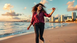 beautiful lady with makeup in pants and pretty shirt curvy long hair sport shoes dancing in sea side over soft sands ,modern city escape at dintant ,pretty clouds, golden hour