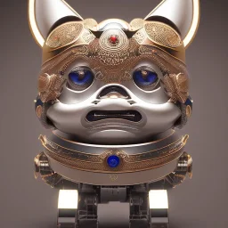 beautiful smooth realistic Japanese oni robot, run on dark cosmos background, cat еye, extremely sharp detail, finely tuned detail, ultra high definition, 8 k, unreal engine 5, ultra sharp focus, accurate sword wings, positive smile, lot of details, fit within portrait, Ambiance dramatique