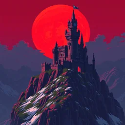 8 bit pixelart a towering castle perched atop windswept cliffs, its jagged stone figure bathed in the cinematic crimson glow of a giant, imposing red harvest moon, red sky