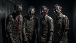 four men zombies in adark room look at the top