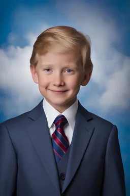 facial portrait - 10-year-old Donald Trump is posing for his school picture - wearing a three-piece suit - Sparkling, Sky blue Background, professional quality studio 8x10 UHD Digital photograph by Scott Kendall - multicolored spotlight, Photorealistic, realistic stock photo, Professional quality Photograph. colored Fog