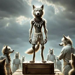 stands on top a wooden box a thin, young sad anthropomorphic wolf in full body hair with autentic wood-bone necklace hanging in his neck and in white belt , front him two older anthropomorphic wolves white Chef's Bib Snap Apron look at him, stormy sky, in blur background more different anthropomorphic wolves stand in body hair and looking them , realistic, detailed, cinematic, sci-fi, digital art, fantasy mood