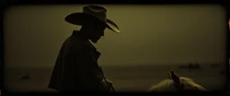 STYLE: gritty 19th-century gothic photography, Zdzisław Beksiński surrealism, Caravaggio chiaroscuro, tactile analog grain, pinhole-camera softness, heavy vignetting, scratched emulsion, rugged irregular photo border. SCENE: alien cowboy, completely absorbed in the mundane task.