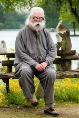 1000-year-old old English man, wise face ,glasses, cynical look, yellow mustache, eyes expressing wisdom, white beard, wrinkled cheeks, precise details, pants with slacks, sitting on a bench in the garden, in the background of a lake with swans, outdoor shot, cinematic, UHD. 20K, 300 DPI