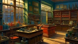 Realistic oil painting of a hardware store, intricate details of tools and supplies on shelves, vibrant colors, by Thomas Kinkade and Edward Hopper, (long shot), warm lighting from windows, inviting atmosphere