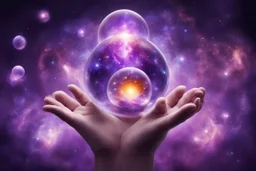 kundalini, connected to the universe, few colours of galaxy, holding galaxies in few hands in glass balls, purple colours and few more colours