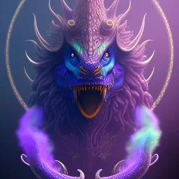 purple mythical creature in galaxy, teal and purple smoke, detailed, realistic, 4k