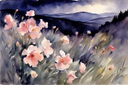 Landscape with night, mountains, flowers, rocks, john singer sargent watercolor paintings