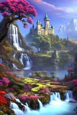 paesaggio surreale con castelli e giardini, fiori, cascate, bellissimi alberi