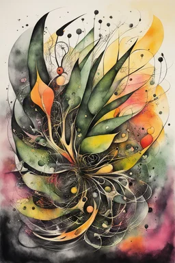 an abstract ink wash and watercolor lithographic print illustration of her subconscious yearning to be as free as the wind , neo surrealism, biomorphism, abstract expressionism , striking, atmospheric, dreamlike, mystical, enigmatic, in the style of Joan Miro and Roberto Matta, in soft, vibrant plant based organic colors, boldly inked, hyper detailed , highly detailed feminine facial features, 4k