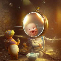 A teapot is shining and a laughing child is looking at it. The child’s image is reflected inside the teapot and behind the child is the reflection of a destroyed city.