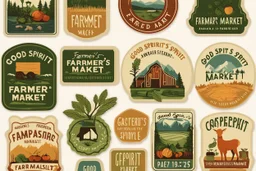 Stickers for a farmer's market "Good Spirit Market" in a national parks sticker style