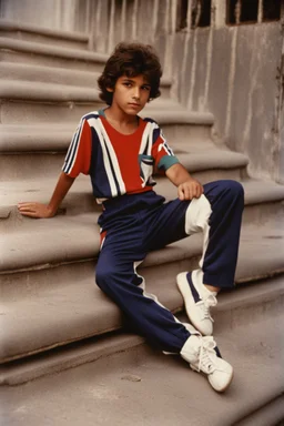 eleven year old mediterranean boy dressed track pants, early 80's color photo