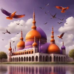 Hyper Realistic Orange & Purple Mosque with Brown Minarets riverside at beautiful cloudy weather with birds flying