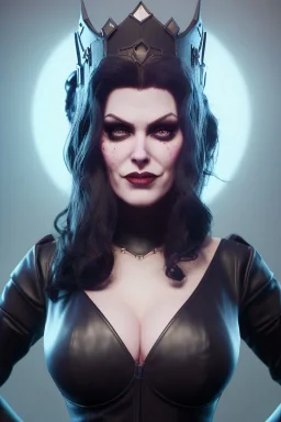 Amy Dumas as evil queen in black leather gown, evil, busty, cleavage, curvy, angry, stern look. character design by cory loftis, fenghua zhong, ryohei hase, ismail inceoglu and ruan jia. unreal engine 5, artistic lighting, highly detailed, photorealistic, fantasy