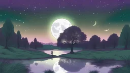 Drawing illustration within a green, purple and golden light. Magic pond with a glowing and transparent angel figure in heaven. Nice starry sky in the back. God glowing Tree silhouette, the tree is located at the left side of drawing (not at the center) magical and transparent, big full moon on the right side of drawing