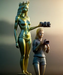 Statue of Queen of photography holding camera in hands. Cute blonde woman. Photographer in golden crown. Standing on the street. Big camera in her hand. hyperdetailed, photorealistic, trending on artstation, greg rutkowski, beksinski, kodachrome, volumetric lighting, gold and cyan