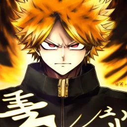 Detailed anime portrait of bakugo from my hero academia, gold hair and golden eyes, black suit, intricate details, full body portrait, keep head in frame, slight smile, black Japanese motif, concept art, highly detailed, digital painting, concept art, sharp focus, illustration, art by Yoji Shinkawa, WLOP and greg rutkowski and alphonse mucha and artgerm and yanjun Chen and Junji ito and Makoto Shinkai, HDR, octane render