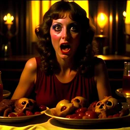 Spooky, ultra realistic, distress, dining, ultra realistic hot woman, pieces of meat, creepy, woman, organic ail dynamic, anguish, excited and lively scene, hot women, hypermaximalist figures, stb, Creepy, Alfred Hitchcock, Sam Raimi, sinister, John Carpenter, Dario Argento, ornate