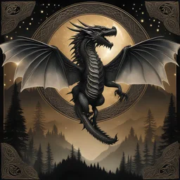 image framed with a thin border of celtic designs, story book cover format, A Skyrim style winged celestial dragon in flight above a forested mountain, against a background of brilliantly glittering stars, hd 4k, fine sharp detail