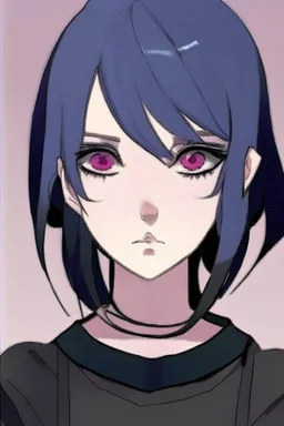 Realistic female teenager with pale skin, big grey eyes, blue and purple shoulder length hair, round face, prominent collarbones, black clothing