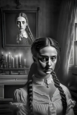 “Victorian living room ghost and young woman, black and white, volumetric lighting, ultradetailed face, realistic portrait, gorgeous face, long braided hair, realistic photograph, by caravaggiom award winning photo, very sharp, full body, ultradetailed, beautiful light, beautiful eyes”