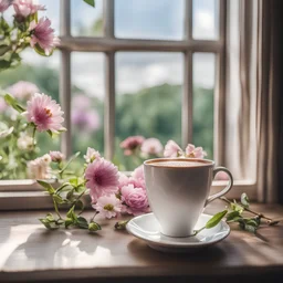 A beautiful image of a cup of tea on a window open and flowers