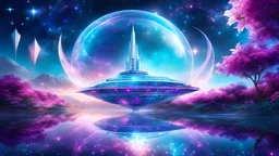spaceship cosmique, costructions futuristes transparents, precieuse, brillante, etoilé, lumière des etoiles , sentier cosmiques, nature turquoise, lilias, rose, bleu, Pierres précieuses scintillantes, éclatant de mille étoiles. Reflets chatoyants, refractions magiques, dansent et jouent, chemins brillantes, cosmiques, lumière cristalline, les formes captivantes se révèlent, Un monde de féerie, ciel bleu, vaisseau de lumiere, transcendante.