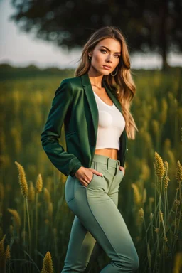 fullbody shot of young-beautiful-girl-with-a-perfect-face wearing pants and thight blouse and jacket sport shoes standing in country side green field day lights